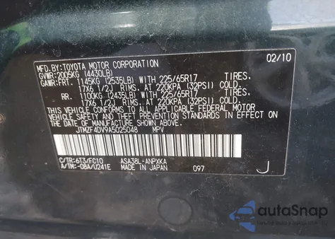 2010 Toyota Rav4 z USA, uszkodzony, nr VIN JTMZF4DV9A5025048